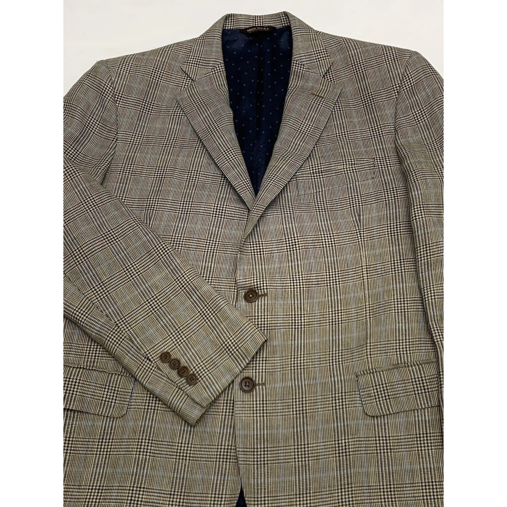 VTG Southwick for Cuffs Brown/Tan/Blue Glen Plaid Linen/Wool Sport Coat 44L EUC